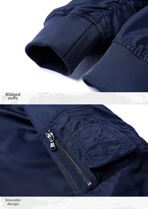 Detail of navy bomber jacket featuring ribbed cuffs and a functional shoulder zipper pocket