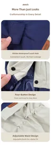 Detail of dog raincoat with hidden leash hole and adjustable drawstring waist