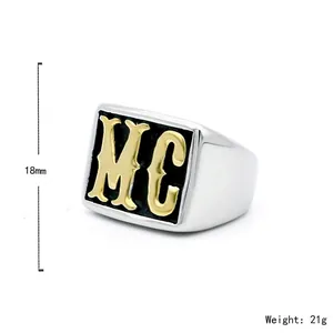 Men's stainless steel signet ring with black enamel and golden MC initials, 18mm height