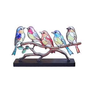Colorful bird sculptures perched on a branch on a black base for home desk decoration