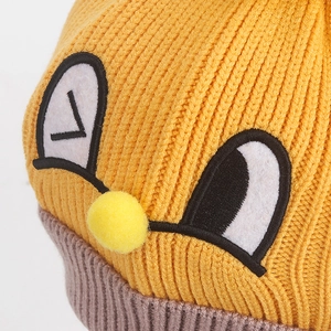 Winter knit baby hat in bright yellow with ear flaps, grey ribbed brim and cartoon eyes