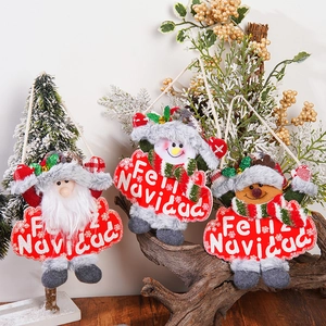 Three Christmas hanging ornaments featuring Santa, Snowman, and Reindeer with Feliz Navidad signs