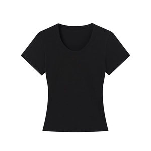 Detailed close-up showing the smooth fabric texture and deep U-neckline of a black slim T-shirt
