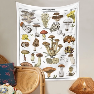 Detailed botanical mushroom chart tapestry hanging in a cozy home interior setting