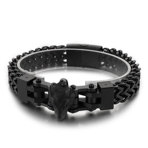 Men's hip hop black steel wolf head bracelet with double snake chain design