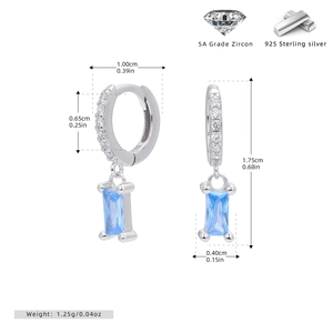 Detailed view of S925 silver earrings with blue zircon and exact size measurements