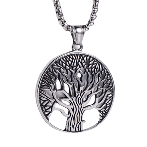 Nordic Viking tree of life cutout pendant necklace in polished silver stainless steel