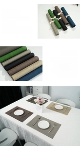 Detail showing woven PVC placemats in multiple colors with heat-resistant texture