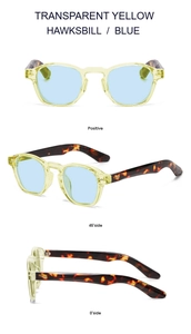 Three perspectives of retro round sunglasses with transparent yellow frame and blue lenses