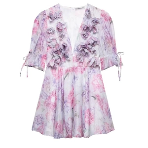 Floral V-neck princess dress with 3D petals and waist tie on a white background