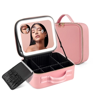 Portable pink PU leather makeup bag with integrated LED light mirror and adjustable dividers