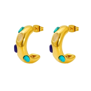 Retro C-shape gold-plated titanium earrings with turquoise and colorful stones inlay