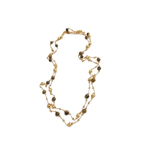 Elegant 18k gold plated long necklace with tiger eye beads and pearls on white background