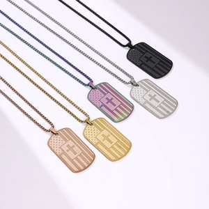 Five stainless steel dog tag necklaces with American flag and cross in multiple colors