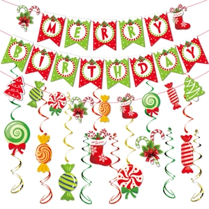 Merry Birthday banner set with red and green Christmas spiral hanging ornaments
