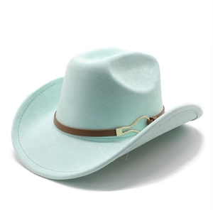 Detail of mint green wool felt cowboy hat with brown leather band and gold buckle