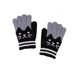 Kids knitted cat gloves in black and grey, warm winter jacquard pattern on white background