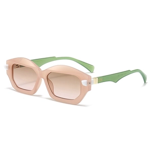 Modern retro pink sunglasses with green temples and gradient lenses for outdoor fashion