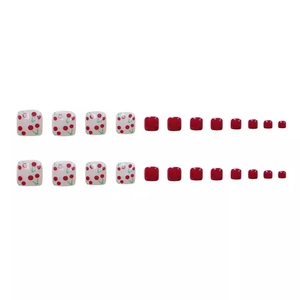 24pcs sweet cherry press-on toe nails with white floral pattern and dark red solid finish
