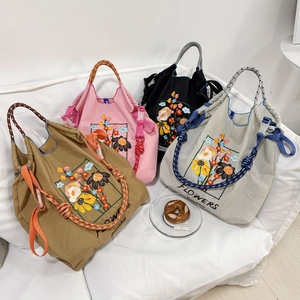 Chic nylon tote bags with floral embroidery in khaki, pink, black, and light grey