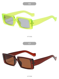 Detail view of fluorescent green and tortoiseshell rectangle sunglasses from a 45-degree angle