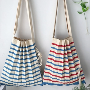 Pleated Knit Tote Bag Striped Diamond Pattern Versatile Casual Shoulder Handbag Urban Simple Fashion For Women