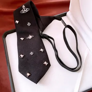 Black Cloth Tie Necklace With Metal Saturn Orb Cross Studs Adjustable Punk Style Fashion Neckwear For Women