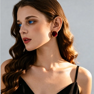 Retro geometric round stud earrings with red velvet inlay and gold metal wavy edges