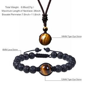 Tiger eye and lava stone necklace and bracelet set with adjustable cord and 16mm beads