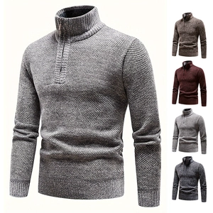 Men's half-zip stand collar knit sweater jacket in grey with honeycomb texture knit pattern