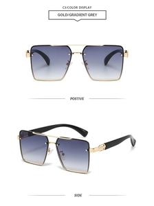 Close-up of gold square frame sunglasses with gradient grey lenses from dual views