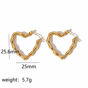 18k gold plated heart earrings with bamboo texture measuring 25.6mm in height