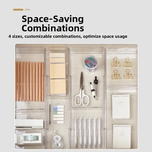 Overhead view of various transparent acrylic drawer organizers for office supplies storage
