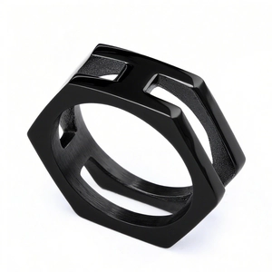 Men's black stainless steel hexagonal ring with unique hollow double H geometric design