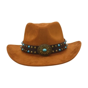 Brown suede cowboy hat with turquoise beads and vintage bronze floral buckle detail