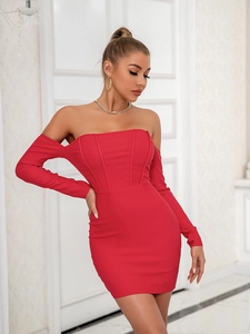 Elegant red off-shoulder mini dress with corset bone detail and long sleeves
