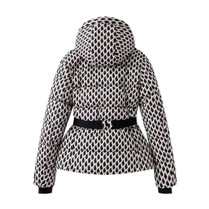 Rear view of winter puffer jacket with geometric diamond pattern and black waist belt