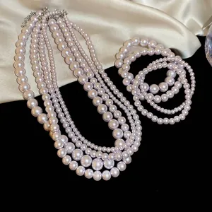 French style lavender multi-layer pearl necklace and bracelet set with silver clasps