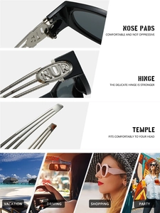 Detail of square black sunglasses with metal hinges, nose pads, and lifestyle scenes