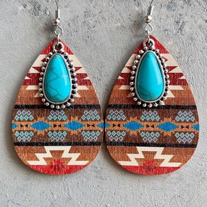Teardrop Earrings Wood Alloy Turquoise Stone Ethnic Bohemian Aztec Geometric Retro Jewelry For Women