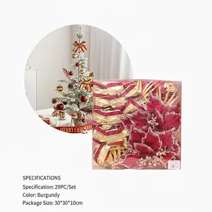 29-piece burgundy Christmas tree decoration set with ornaments, ribbons and velvet flowers