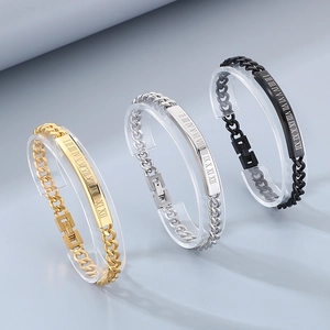 Men's stainless steel curb bracelet with Roman numeral curved bar in gold, silver, and black