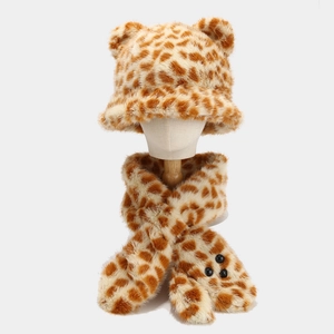 Winter Warm Faux Fur Bucket Hat And Scarf Cute Animal Ears Leopard Tiger Stripe Plush Outdoor For Women