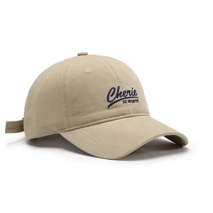 Khaki cotton baseball cap with blue Cherie embroidery shown from a 45-degree side angle