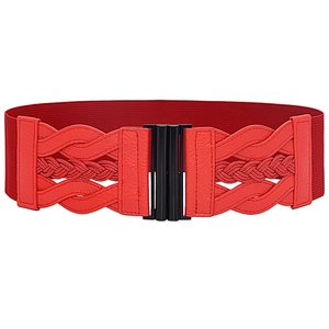 Detail of red wide elastic belt with woven leather patch and matte black buckle closure