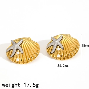Golden seashell earrings with silver starfish and pearls, ocean style stainless steel studs