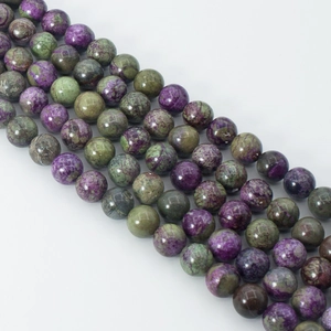 Natural purple and green Stichtite round beads with unique mottled mineral textures