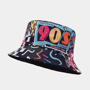 Detail of 90's party graffiti pattern on a reversible bucket hat with high-quality printing