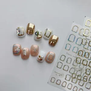3D Embossed Nail Art Stickers Metallic Gold Geometric Frame Holographic Silver Heart Design DIY Manicure Decor Elegant