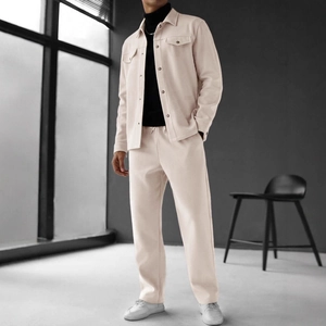 Men's two-piece beige leisure set with lapel cardigan jacket and matching trousers